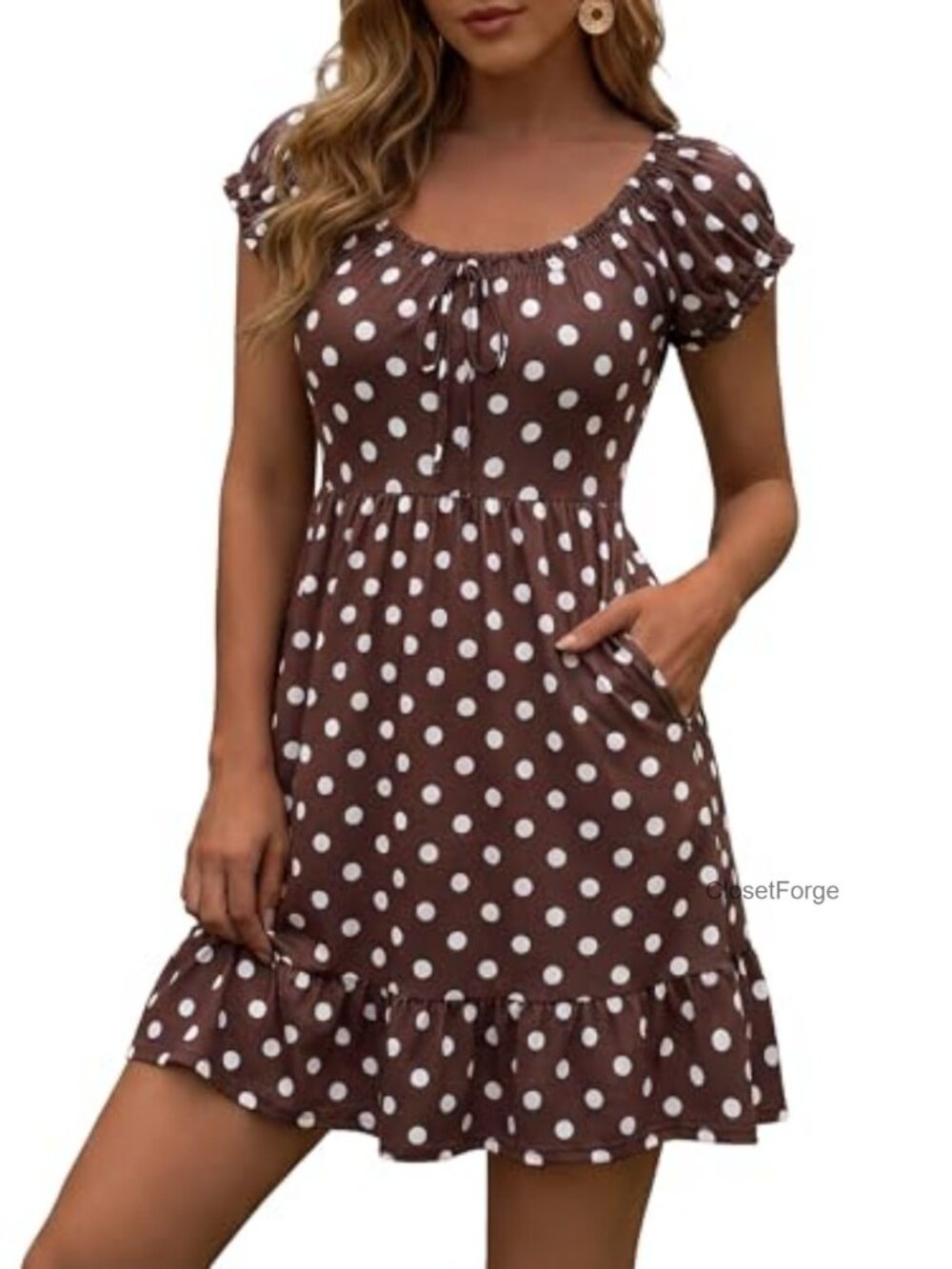 Floral Mini Sundress with Pockets Summer Cute Scoop Neck Puff Sleeve